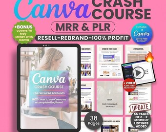 May include: A pink graphic with the words "Canva Crash Course" in large, colorful letters. The image includes a tablet displaying a Canva tutorial, and other related documents. Text on the image includes "MRR & PLR" and "Resell-Rebrand-100% Profit."