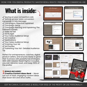 May include: A laptop screen displays a digital product presentation with the text "What is inside:" and a list of features. Additional screens show ad management and campaign setup. A tablet with a red ribbon displays "Creative Content Ideas Bank."