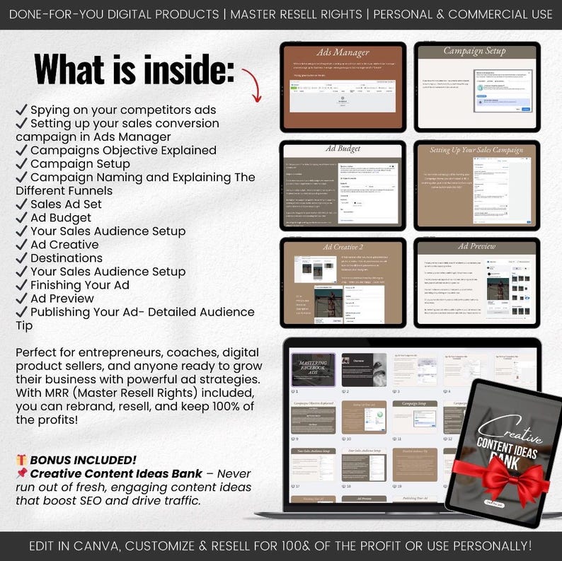 May include: A laptop screen displays a digital product presentation with the text "What is inside:" and a list of features. Additional screens show ad management and campaign setup. A tablet with a red ribbon displays "Creative Content Ideas Bank."