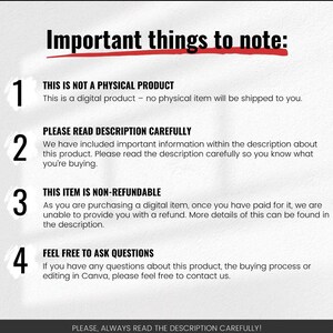 May include: White background with black text and red accents. The text reads "Important things to note:" followed by numbered points about digital products, including non-refundability and reading the description.