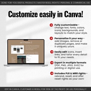 May include: A laptop displaying a webpage with the text "Ad Creative 2" is featured in this image. The text "Customize easily in Canva!" is prominently displayed, along with bullet points detailing customization options, personalization, editing, export formats, and resell rights.