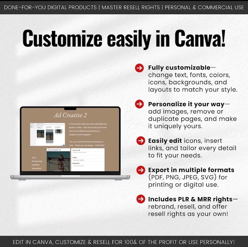 May include: A laptop displaying a webpage with the text "Ad Creative 2" is featured in this image. The text "Customize easily in Canva!" is prominently displayed, along with bullet points detailing customization options, personalization, editing, export formats, and resell rights.