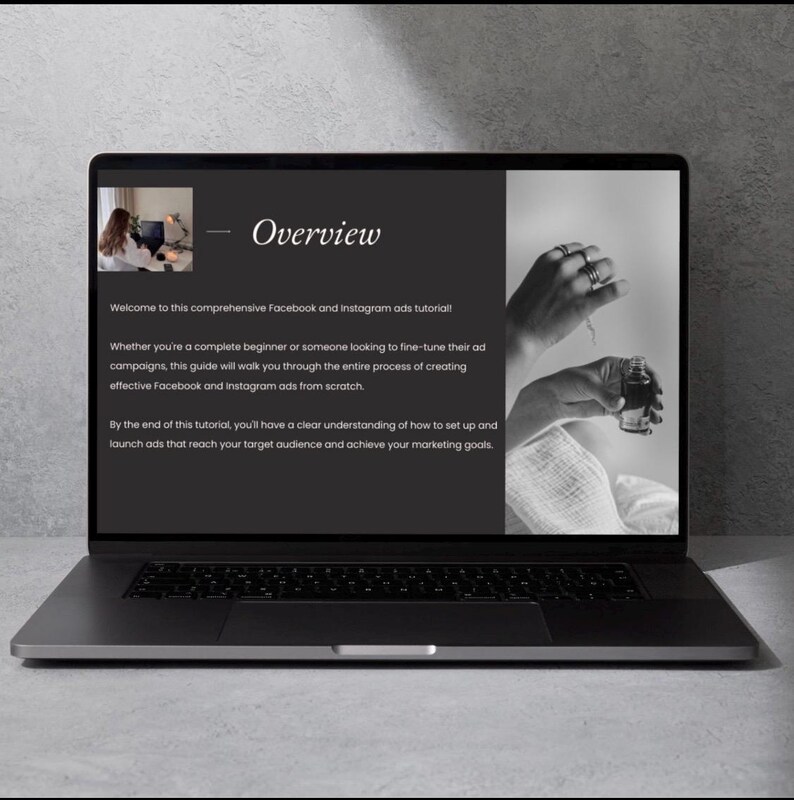 May include: A black laptop displays a presentation titled "Overview" with text about Facebook and Instagram ads tutorials. The screen shows a woman, hands with rings, and a small bottle. The laptop is on a gray surface.