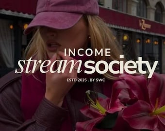 May include: A woman wearing a maroon cap and scarf, holding a bouquet of deep red lilies. The image features the text "INCOME stream SOCIETY" and "ESTD 2025. BY SWC" in a stylized font, suggesting a brand or concept.