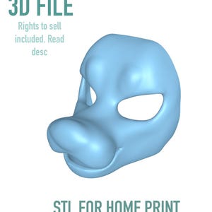 May include: A light blue 3D file of a stylized animal mask, designed for home printing. The text "3D FILE" is at the top, with "Rights to sell included. Read desc" below it. The text "STL FOR HOME PRINT" is at the bottom.