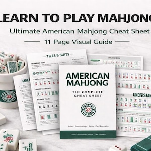 Op de afbeelding: Een afbeelding van American Mahjong-spelcomponenten, waaronder een cheat sheet, tegels en dobbelstenen. De cheat sheet heeft de titel "American Mahjong: The Complete Cheat Sheet" en is een visuele gids. De tegels zijn wit met groene en rode markeringen.