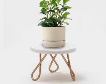 THREE LEGGED STOOL, Indoor Plant Stand, Marble Table Top, Minimalist Black Or Gold Decorative Metal And Marble Round Stand For Multi-Purpose