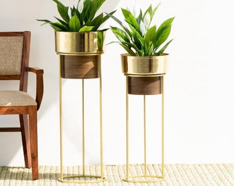 Tall Plant Stand With Planter Corner Plant Stand Indoor Plant Stand corner Planters Gold Wood Planter Indoor Planter Set of 2