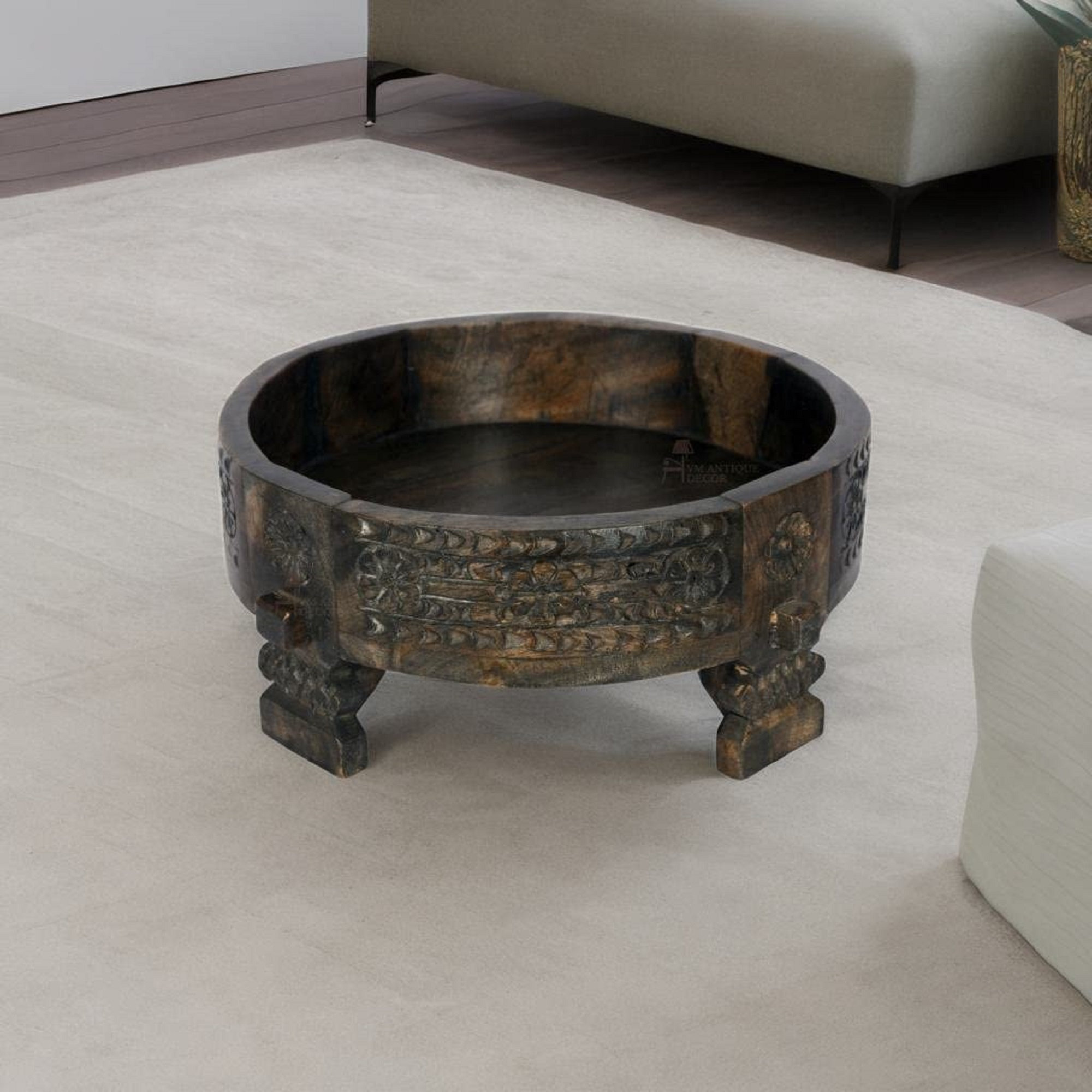 Handmade Round Coffee Table With Fruit Storage Wooden Carved Etsy