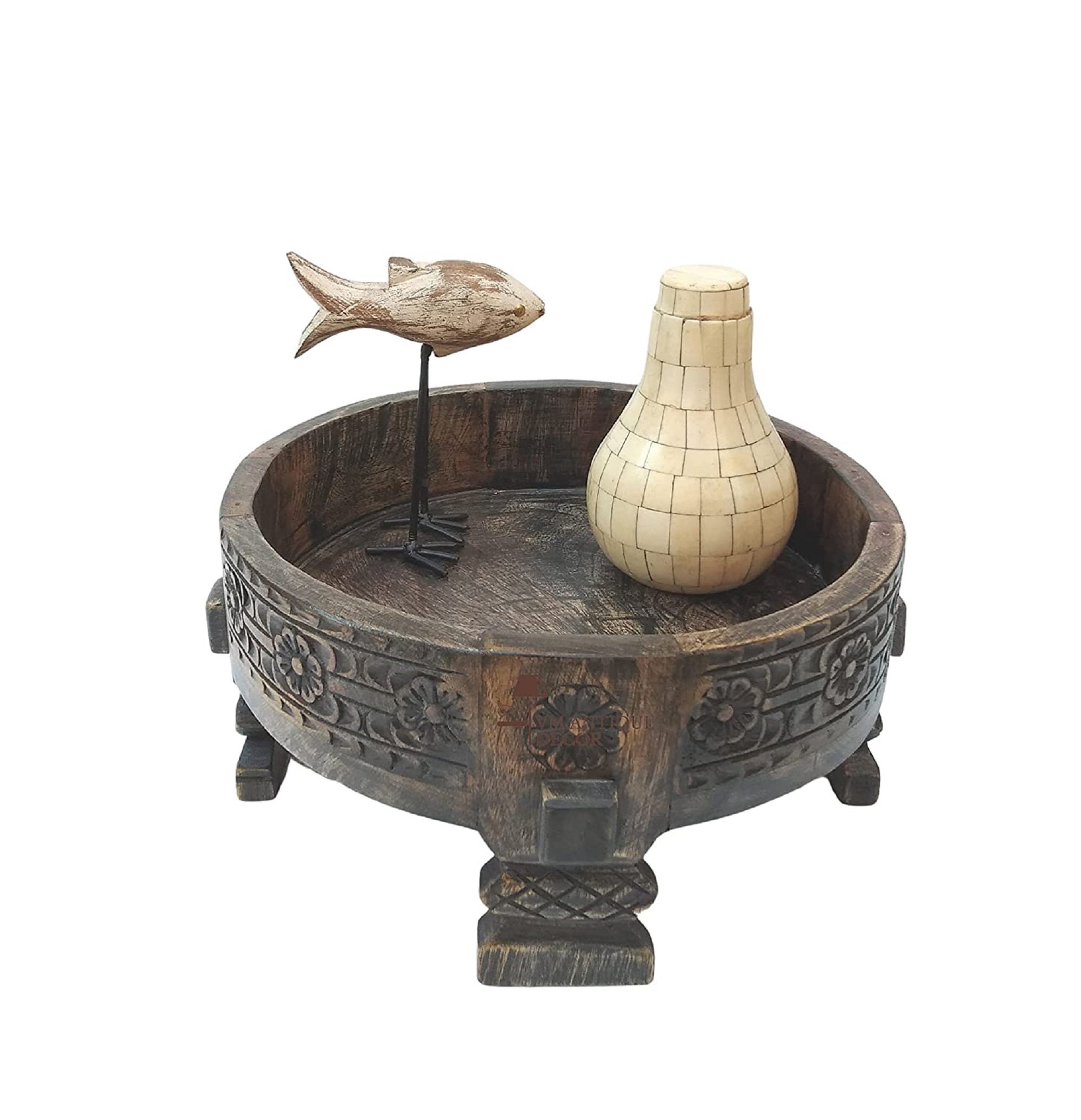 Handmade Round Coffee Table With Fruit Storage Wooden Carved Etsy