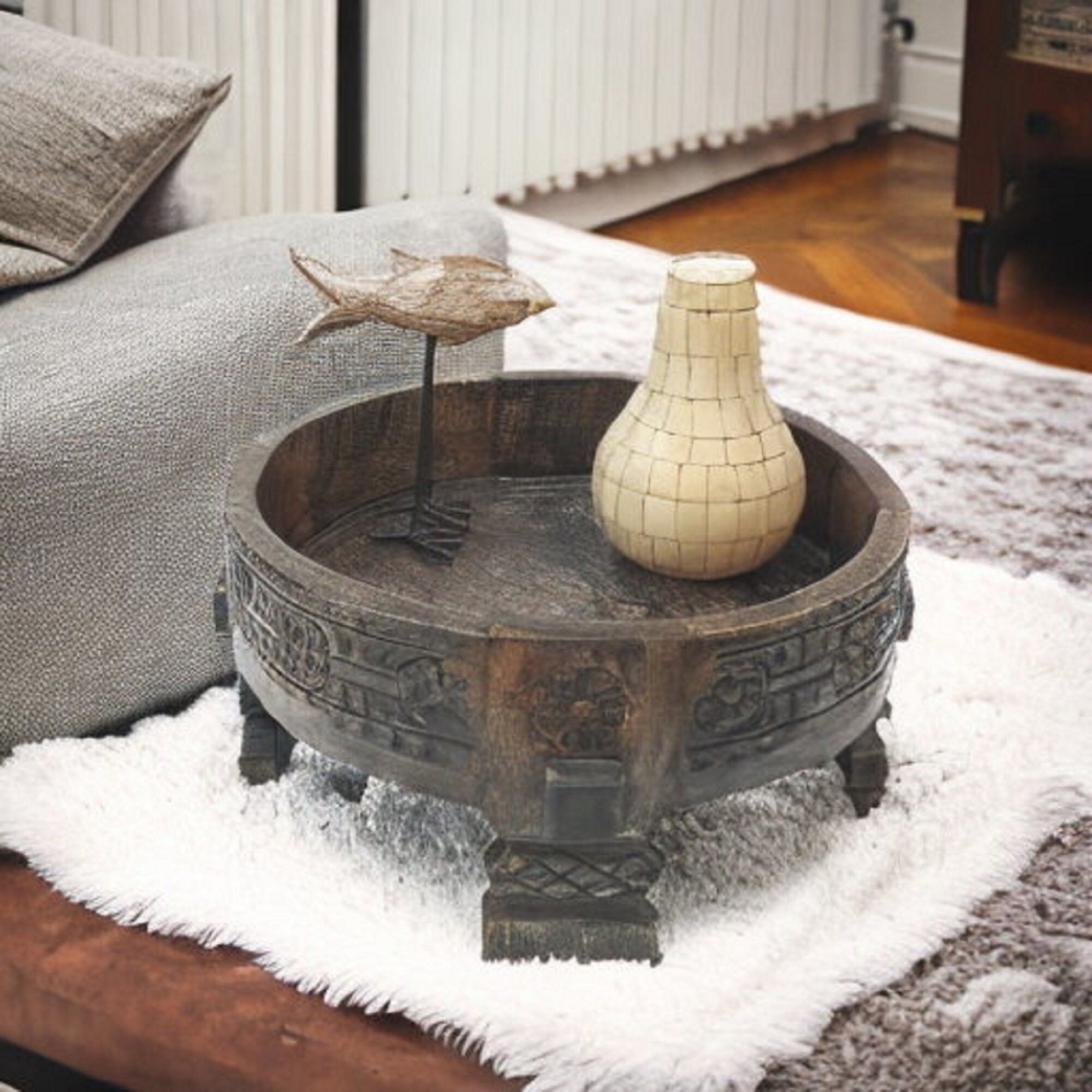 Handmade Round Coffee Table With Fruit Storage Wooden Carved Etsy