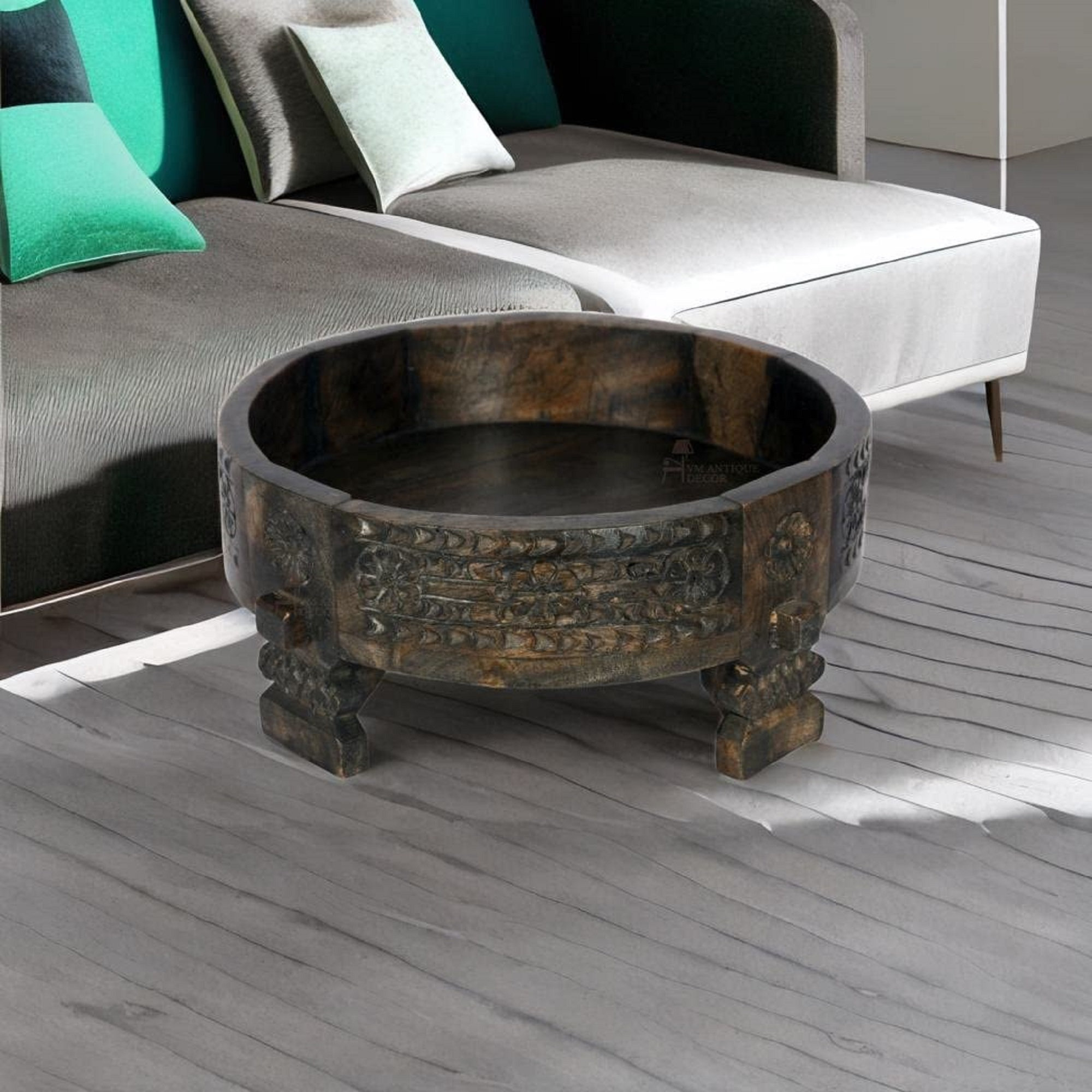 Handmade Round Coffee Table With Fruit Storage Wooden Carved Etsy