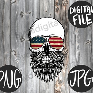May include: A black and white skull with a beard and mustache wearing sunglasses with the American flag design. The background is a wood grain pattern.