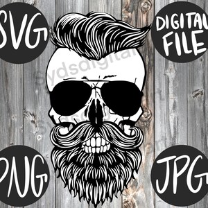 May include: Black and white illustration of a skull with a beard and mustache, wearing sunglasses and a pompadour hairstyle. The skull is against a woodgrain background with text that says "SVG", "PNG", "JPG", and "DIGITAL FILE".