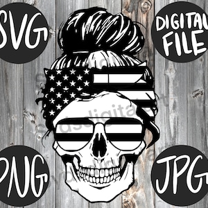 Schädel Messy Bun Haar & Sonnenbrille/Bandana/Ponytail/Amerikanische Flagge JPEG, PNG, SVG Datei Waterslide Aufkleber Datei für Becher und Handwerk.