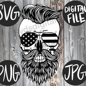 May include: Black and white illustration of a skull with a beard and mustache. The skull is wearing sunglasses with an American flag design. The image is surrounded by circles with the words "SVG", "PNG", "JPG", and "DIGITAL FILE".