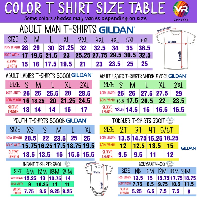 Op de afbeelding: Een maattabel voor Gildan T-shirts, met verschillende maten voor mannen, vrouwen, jeugd, peuters en baby's. De tabel bevat de maten voor lichaamslengte, lichaamsbreedte en mouwlengte in inches.