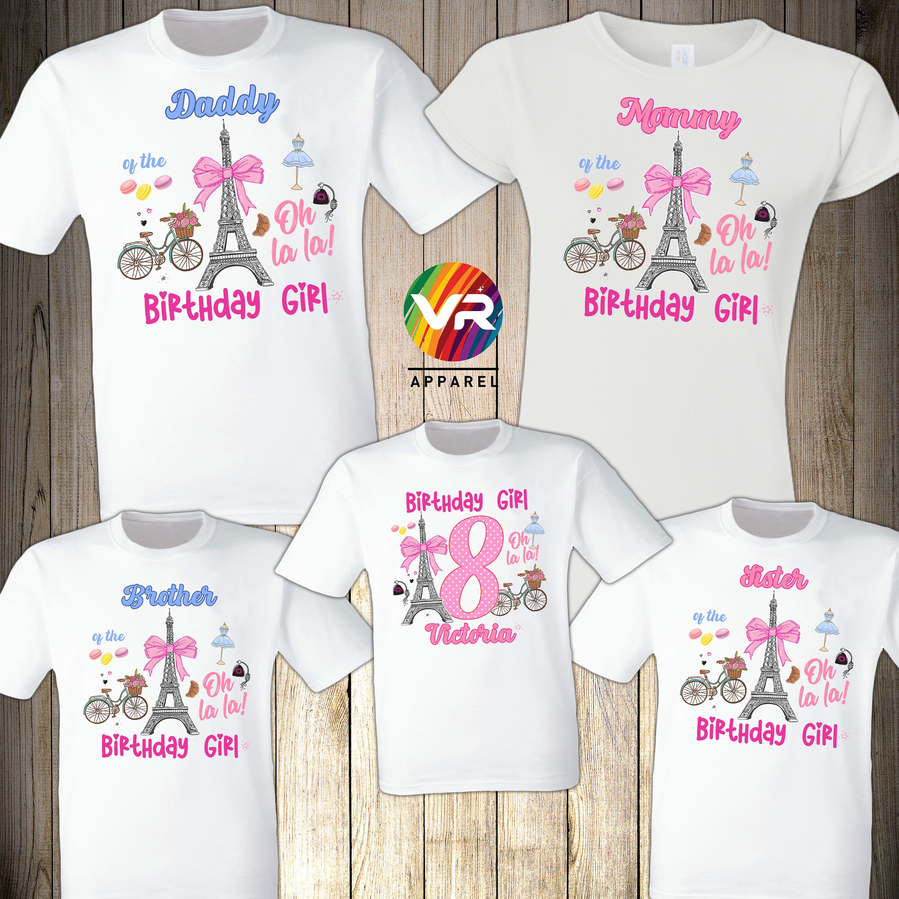 VRCustomApparel Paris Oh Lala Tower Birthday Girl Custom Family Cute Shirts Matching Custom Personalized Mom Dad Paris Cute Pink Birthday Shirt