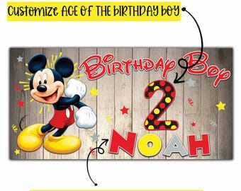 Banner de Mickey Mouse Banner personalizado de cumpleaños de Mickey Baby Decoración de cumpleaños de Mickey Royal Boy Mickey Mouse al aire libre Edad y nombre Lona Mickey