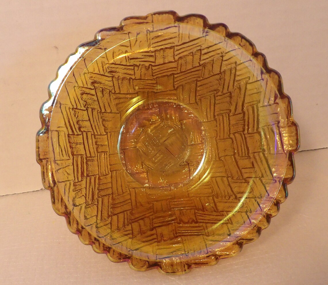 Vintage 1950s Iridescent Amber Carnival Glass Basket Weave Candy Bowl