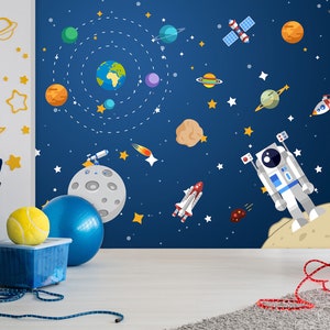 123"x87"(312x219cm) Astronauta Pianeta 720 Wallpaper Mural Auto adesivo Buccia e bastone muro adesivo Decorazione Decorazione Disegno Rimovibile
