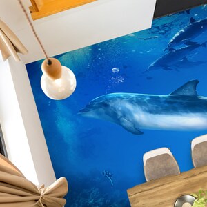 Carta da parati per pavimenti, delfino blu 3D 5701, murales, autoadesivi rimovibili, cucina, bagno, pavimento, tappetino impermeabile, stampa epossidica 2024