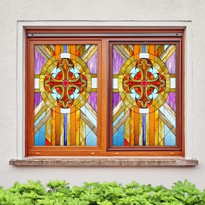 3D Circular Pattern W2241 Window Film Print Sticker Cling Stained Glass Xmas Window Decor UV Heat Control Glass Privacy Window Film Rose