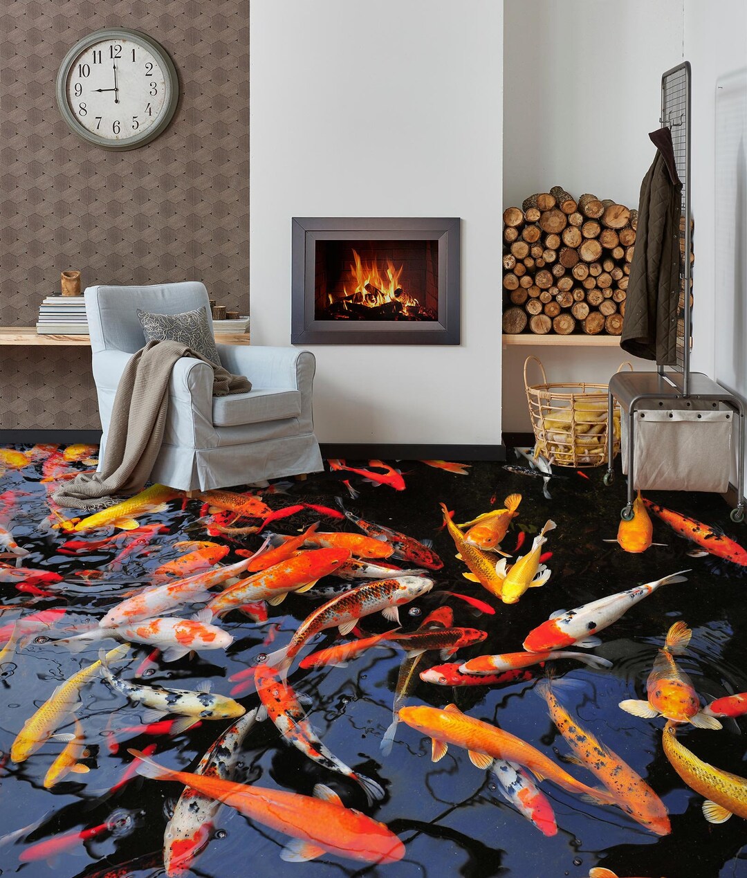 3D Swimming Goldfish Floor Mural  Non-slip, Waterproof  & Removable Rug Mat & Floor Murals
