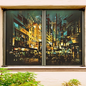 3D Fantasy City Night W6013 Window Film Print Sticker Cling Stained Glass Xmas Window Decor UV Heat Control Glass Privacy Window Film Romy