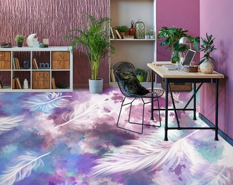 3D Purple Feathers 1235 Floor Wallpaper Murals Self-Adhesive Removable Kitchen Bath Floor Waterproof floor Rug Mat Print Epoxy 2024