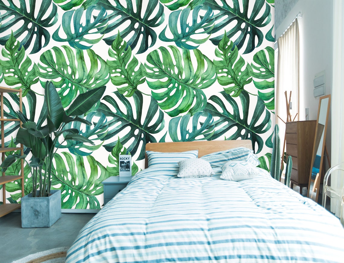 Green Wide Leaves 6192 Wallpaper Mural Self Adhesive Peel and Etsy