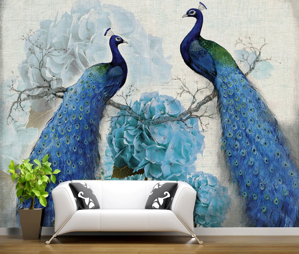 Blue Flower Peacock WG899 Wallpaper Mural Self Adhesive Peel | Etsy