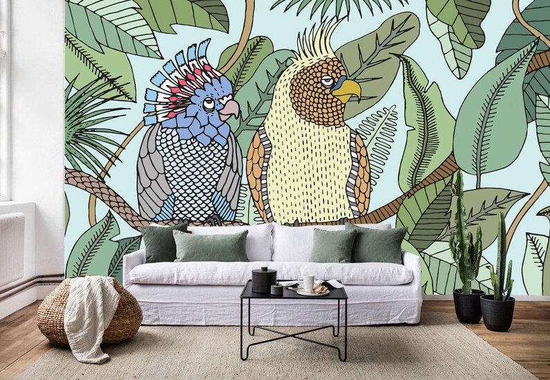 Parrot Leaves WG966 Wallpaper Mural Self Adhesive Peel and Stick Wall Sticker Wall Decoration Design Removable