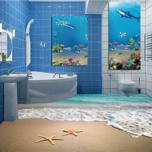 3D Starfish Beach 0209 Floor Wallpaper Murals Self-Adhesive Removable Kitchen Bath Floor Waterproof floor Rug Mat Print Epoxy YOYO