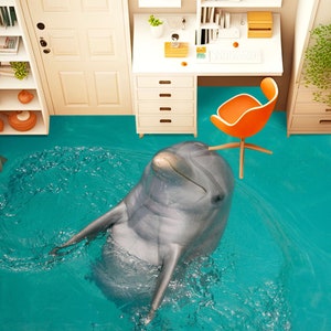 3D Cute Dolphin 2021 Floor Wallpaper Murals Self-Adhesive Removable Kitchen Bath Floor Waterproof floor Rug Mat Print Epoxy 2023