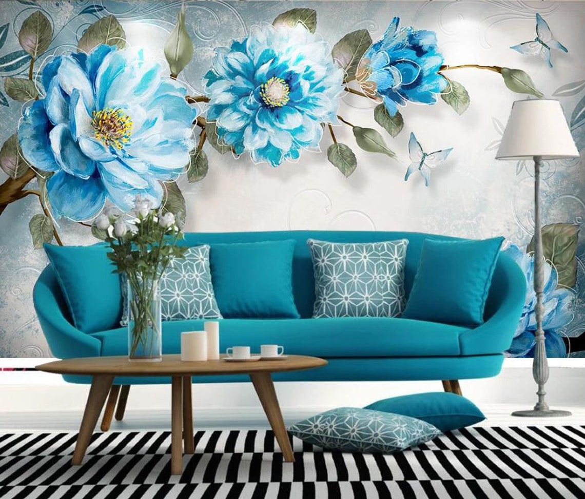Blue Flower WC234 Wallpaper Mural Self Adhesive Peel and Stick Etsy