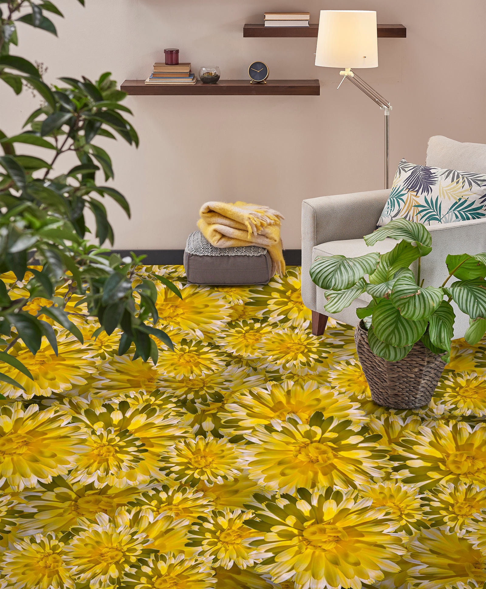 3D Yellow Flower 1993 Floor Wallpaper Murals Self-adhesive