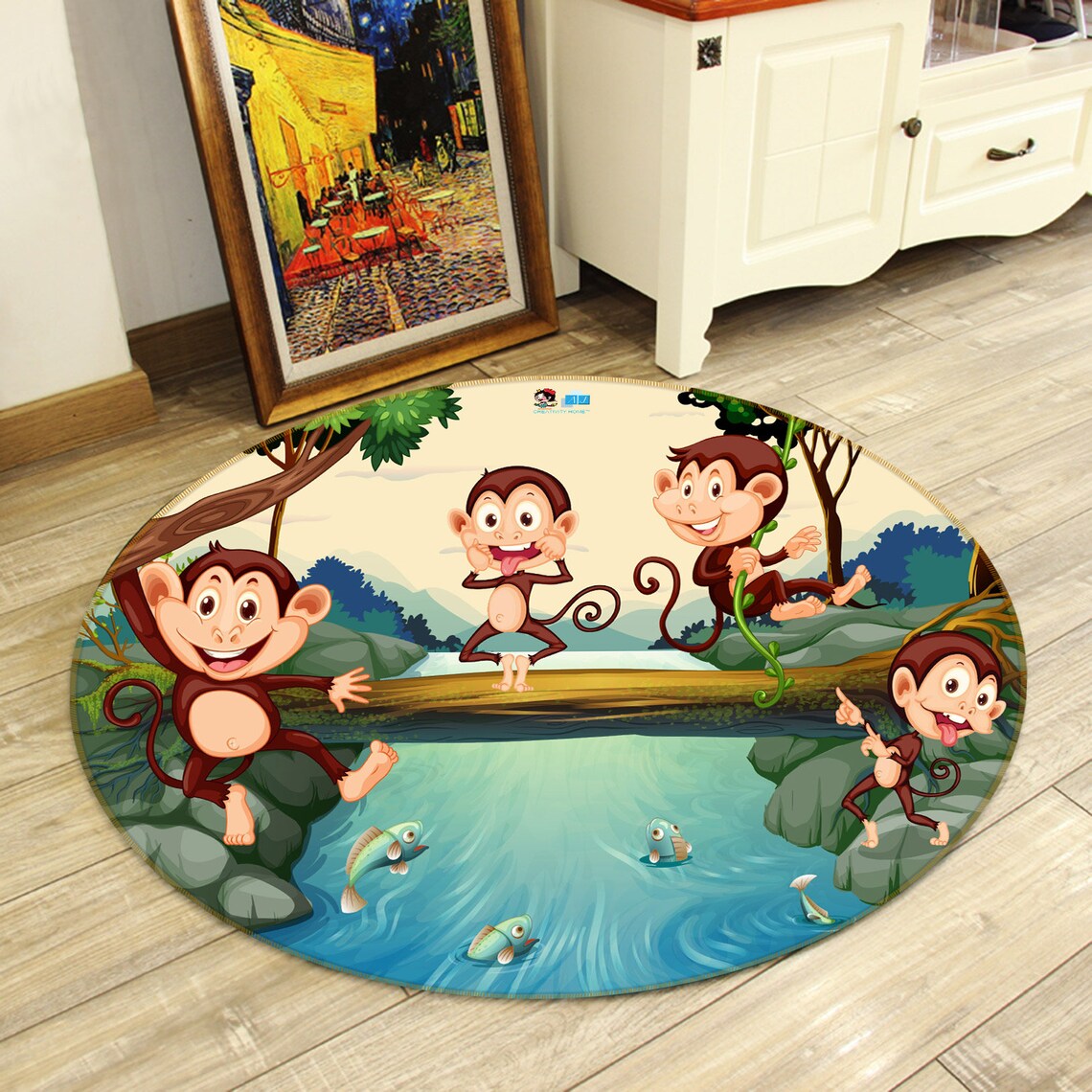 3D Cute Monkeys FA3535 Floor Non Slip Rug Carpet Room Round Etsy