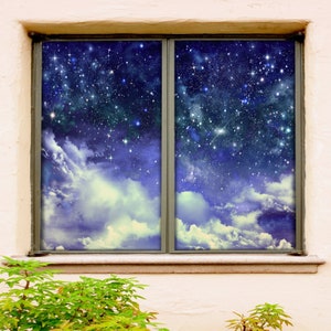 May include: A window with a view of a starry night sky with clouds. The window is framed in a dark grey frame.