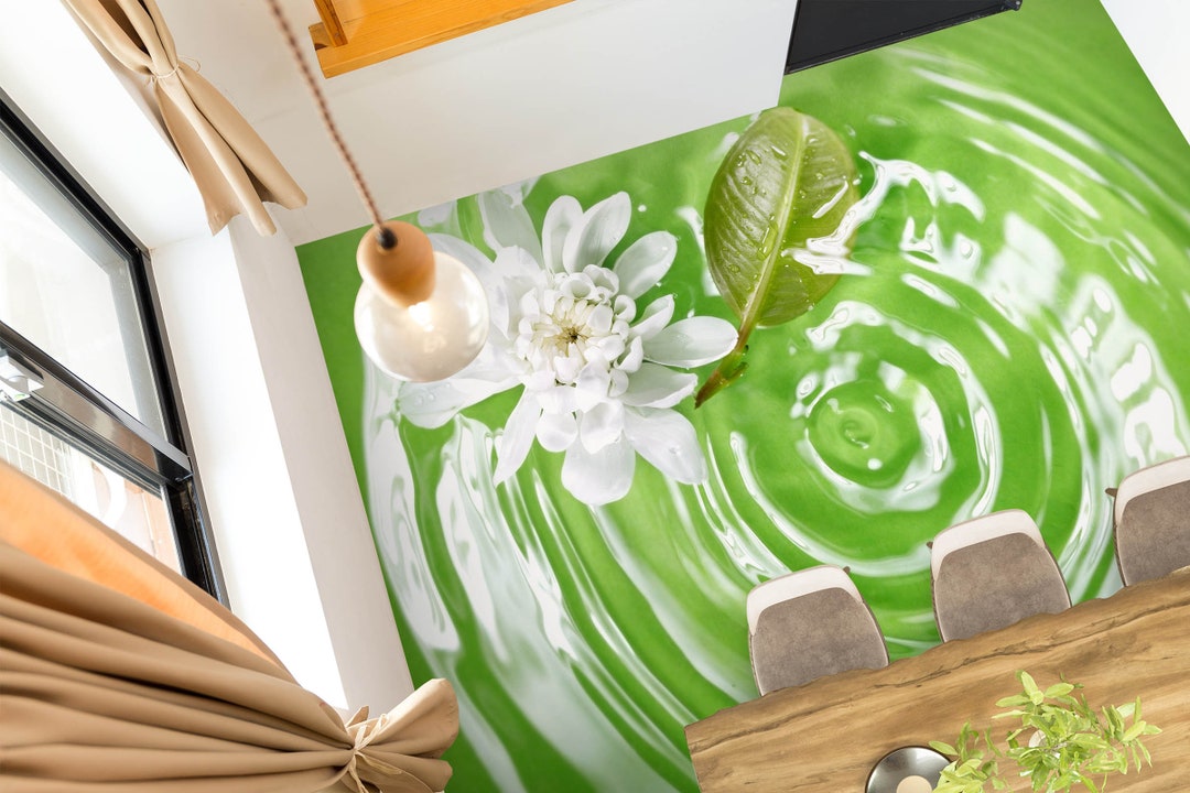 3D White Flowers Floor Mural  Non-slip, Waterproof  & Removable Rug Mat & Floor Murals