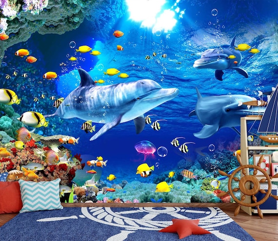水中のイルカのスプレーアート 水中イルカ 1591 壁紙 壁画 自己接着 剥がして貼る ウォールステッカー