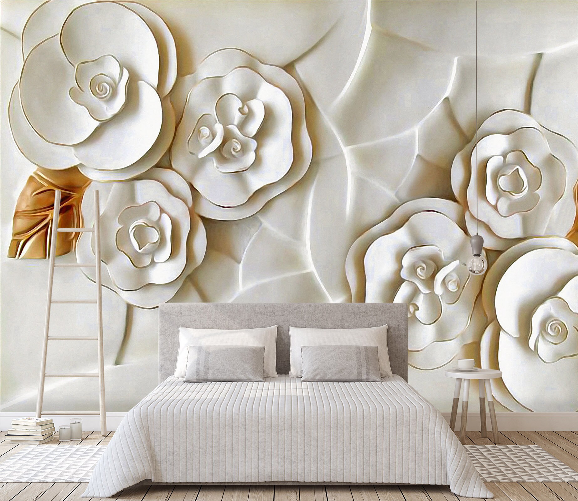 Embossed White Flower 1366 Wallpaper Mural Self Adhesive Peel Etsy