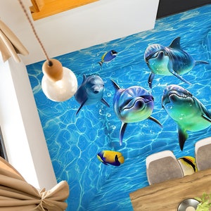 3D Delfino sottomarino 1377 Carta da parati per pavimenti Murales Autoadesiva rimovibile Cucina Bagno Pavimento Tappetino impermeabile Tappetino Stampa epossidica 2024