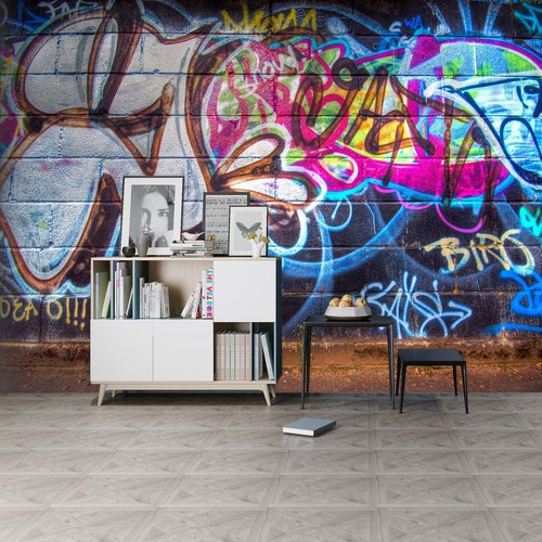 Papier Peint Mural Adhésif 3D - Graffiti Coloré R1425 - Autocollant Commerce/déco