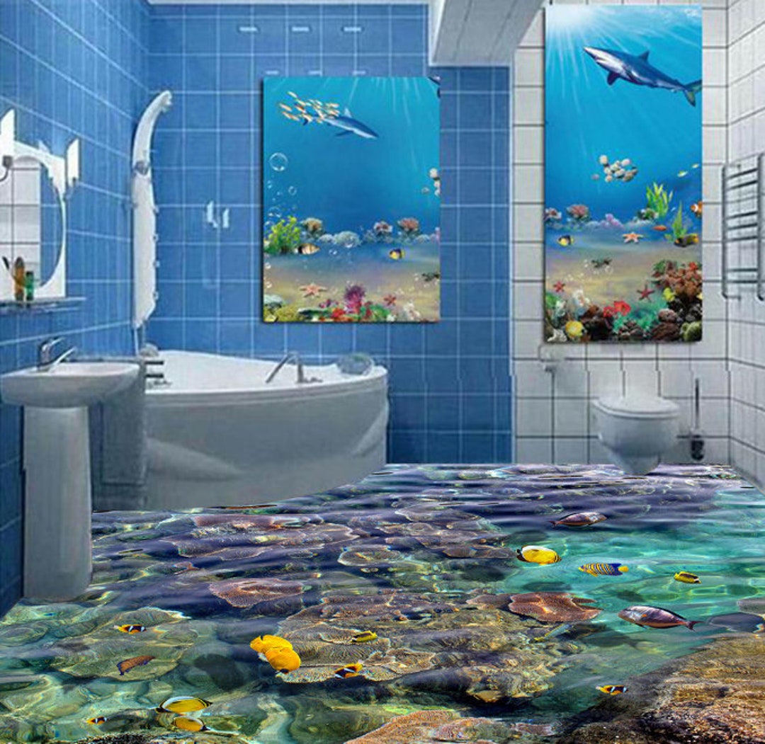  Clhhsy Papel pintado impermeable y extraíble para baño de  dibujos animados europeos océano suelo papel de pared azul mar-47.2x39.4 in  : Herramientas y Mejoras del Hogar
