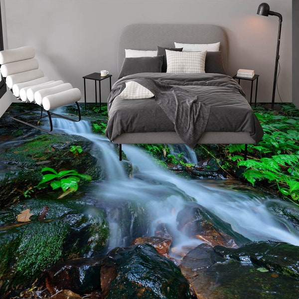 3D Creek Green Leaves 2138 Floor Wallpaper Murals Self-Adhesive Removable Kitchen Bath Floor Waterproof floor Rug Mat Print Epoxy 2023