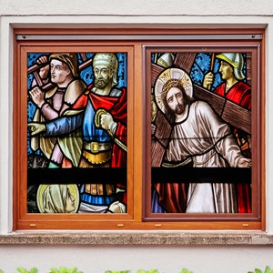 3D Wood Cross W2930 Window Film Print Sticker Cling Stained Glass Xmas Window Decor UV Heat Control Glass Privacy Window Film Rose