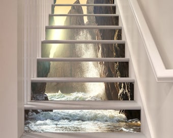3D Waterfall Beach S1364 Pattern Tile Marble Stair Risers Decoration Photo Self-adhesive Mural Vinyl Decal Wallpaper Murals Wallpaper Mural