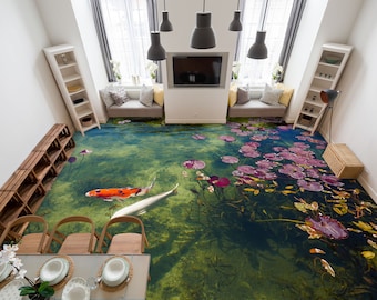 3D Pond Fish 3870 Floor Wallpaper Murals Self-Adhesive Removable Kitchen Bath Floor Waterproof floor Rug Mat Print Epoxy 2024