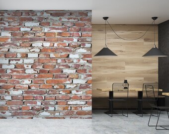 May include: A dining area with a brick wall, wood panelling, and a black metal table with two chairs. Two black pendant lights hang from the ceiling.